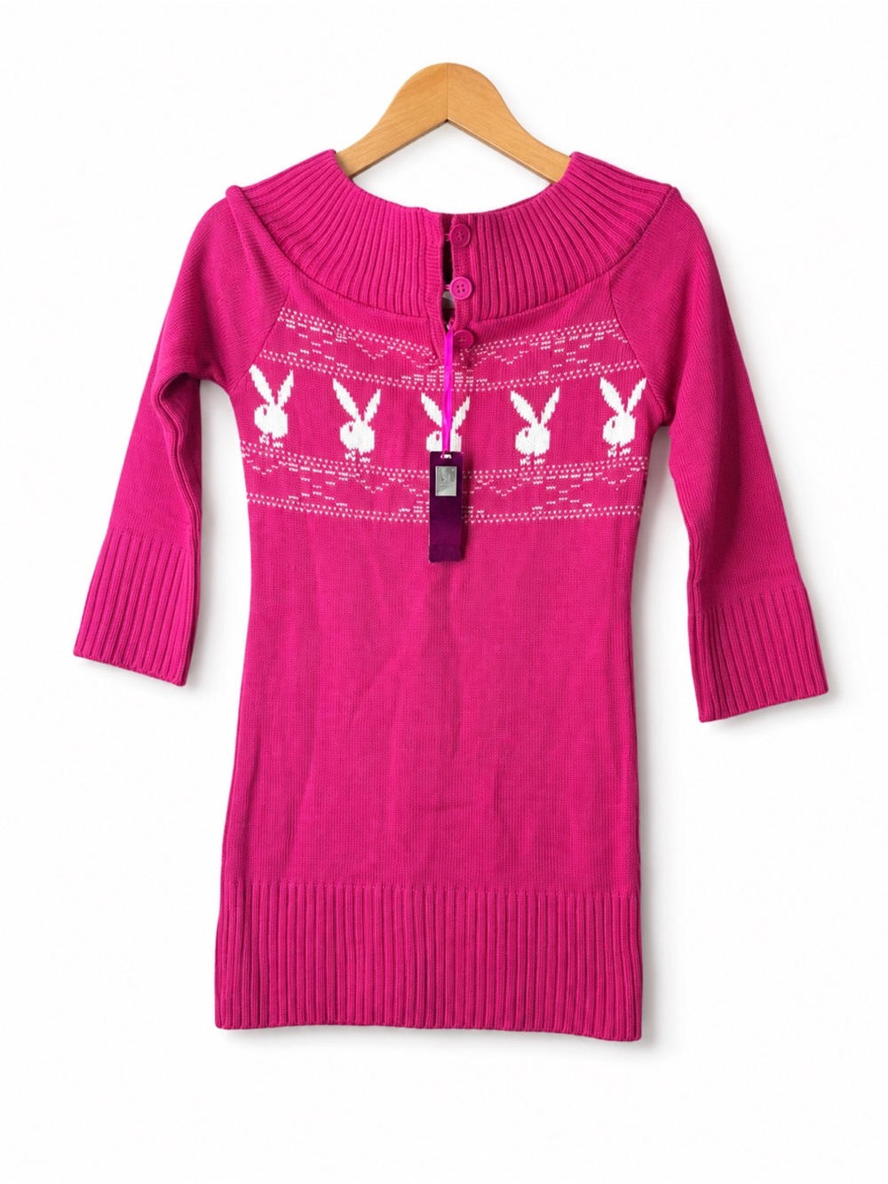 Playboy Bunny Hot Pink Y2K Fair Isle Tunic Sweater Dead Stock NWT Barbiecore Med